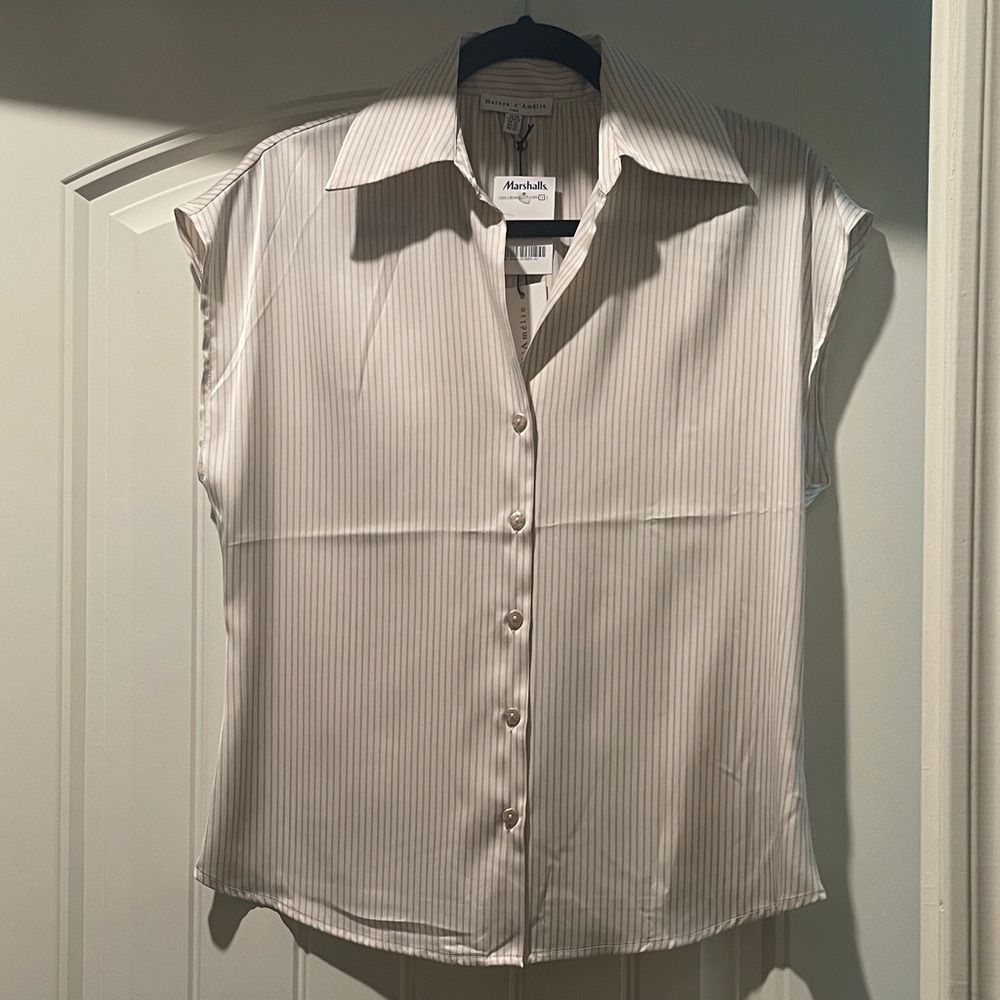 Maison d’Amelie Ivory and Light brown Striped Sleeveless Button Front Top